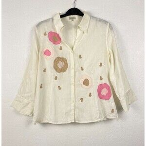 Feraud‎ Vintage 90s Button Down Shirt Linen Ivory 3/4 Sleeve Embroidered 44 (M)